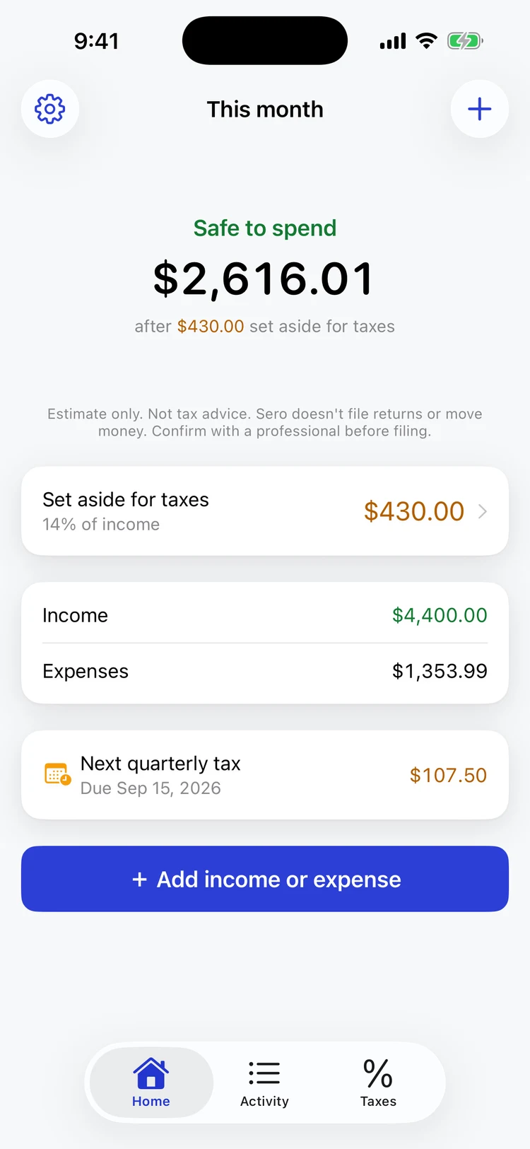 The Sero home screen showing what is safe to spend after setting aside taxes